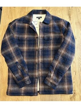 Express Men’s XS Plaid Sherpa-Lined Shacket Jacket Button Front Blue Brown